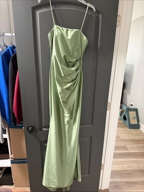 Satin Draped Spaghetti-Strap Evening Dress - Light Green